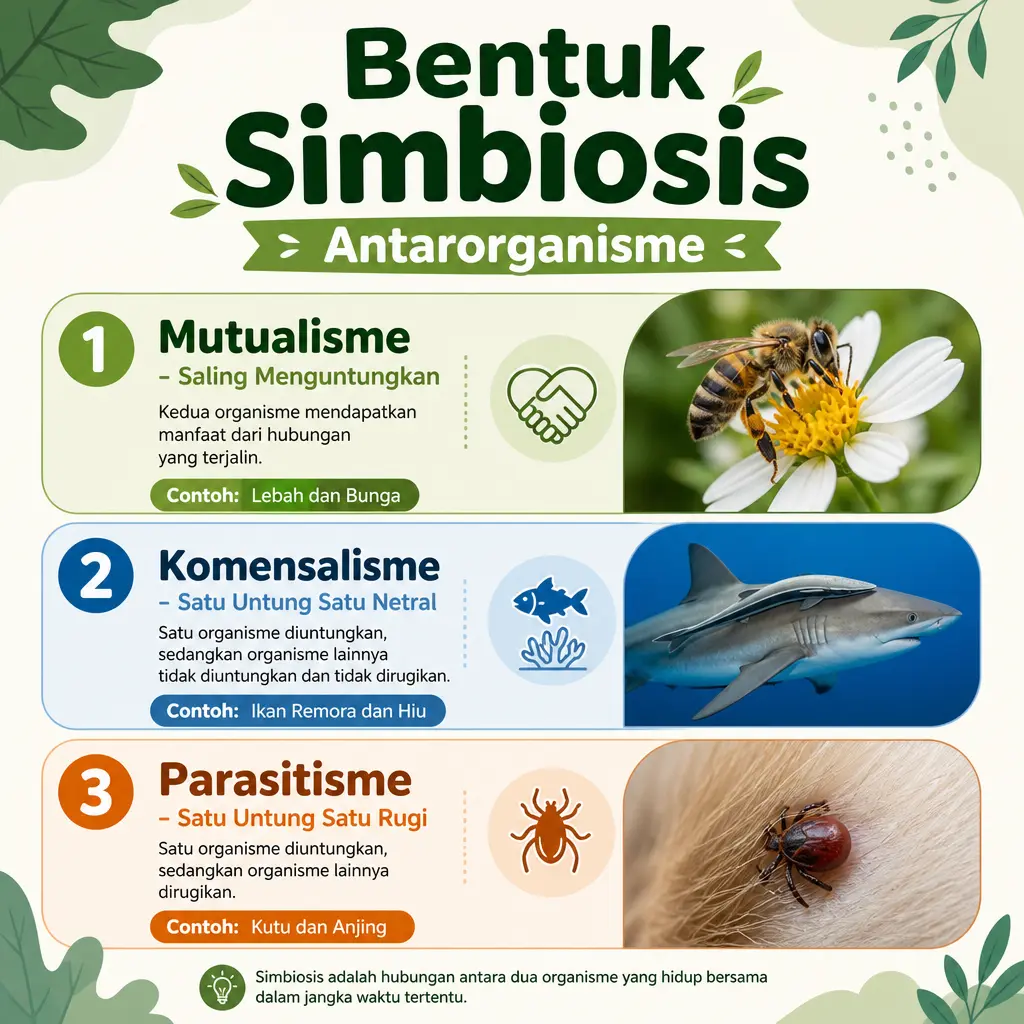 Infografis Analisis Bentuk Simbiosis Antarorganisme dalam Ekosistem